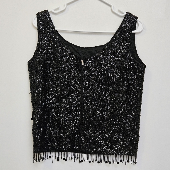 Vintage Sz Small Hand Beaded 100% Wool Boat Neck Whimsical Black Sequin Blouse - Picture 3 of 15